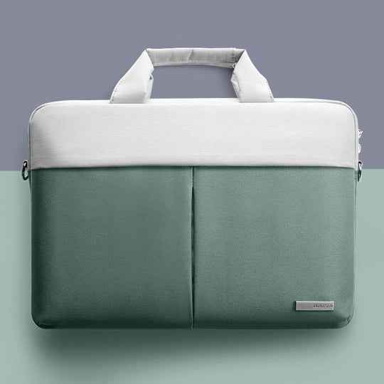 Stylish gray and mint green laptop bag, made of durable fabric, featuring dual zippered compartments and sturdy handles.